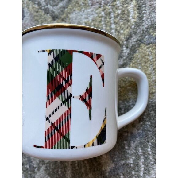 Pottery Barn Plaid Letter “E” Alphabet Initial Monogram Coffee Mug 2017 Holiday - Picture 1 of 4